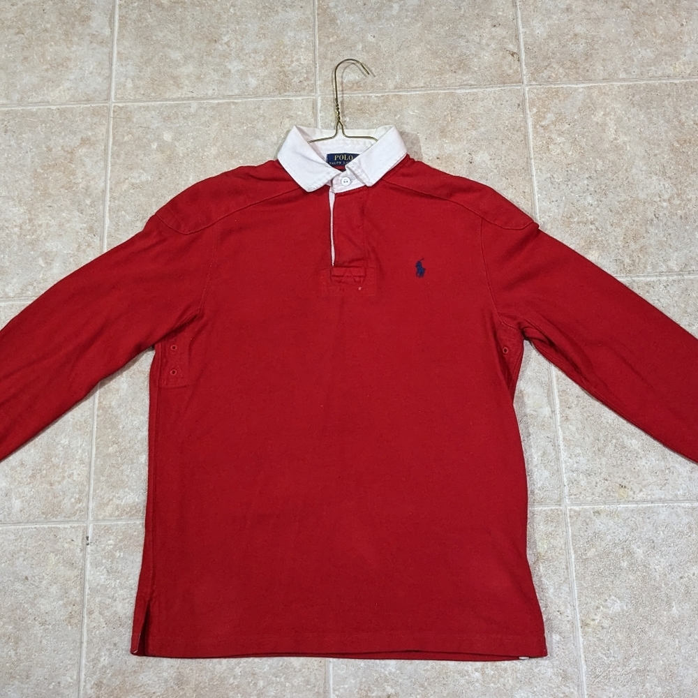 Red white and blue Polo Ralph Lauren long sleeve polo shirt with red arm pads